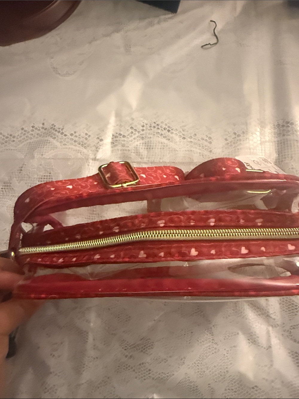 Clear Mini Crossbody Bag with Red Heart-Print Trim